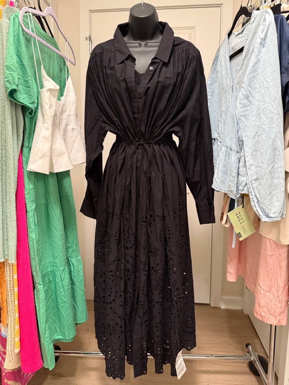 ASOS Black Button-Front Eyelet Midi Dress with Drawstring Waist